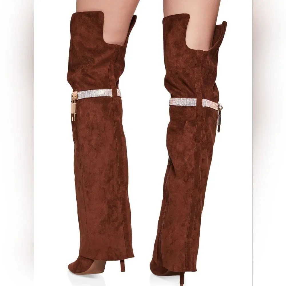 Brown Suede Over-the-Knee Boots with Lock Detail Sz 6.5